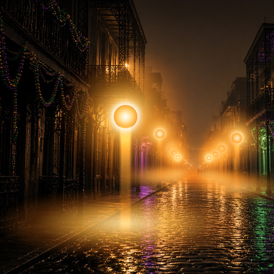 A wet night street lined with iron balconies and lamps.