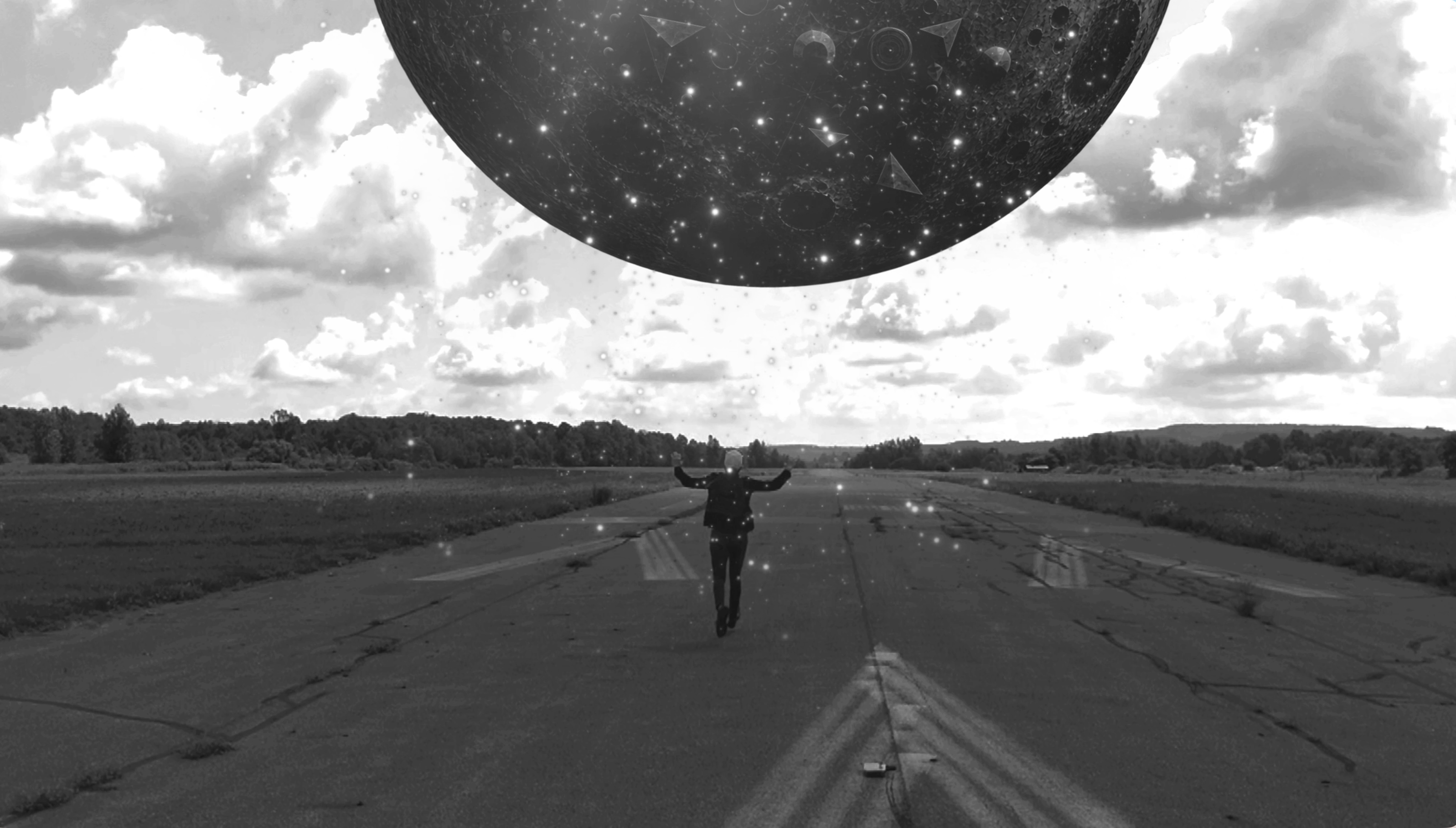 A cracked road under a huge moon filled with stars, a distant figure walking toward the horizon.