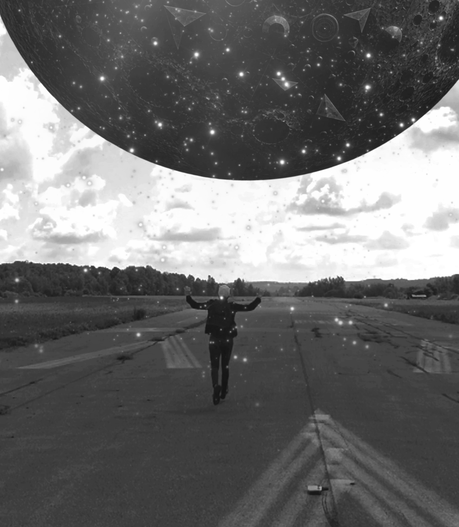 A tall view of a cracked road under a huge moon filled with stars, a distant figure walking toward the horizon.