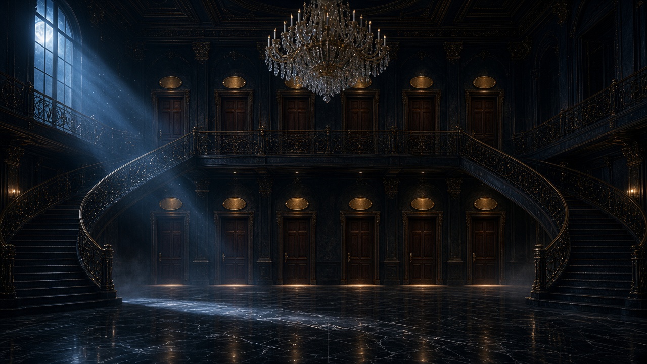 The twelve-door hall of House of Memories, doors one through twelve under a chandelier.